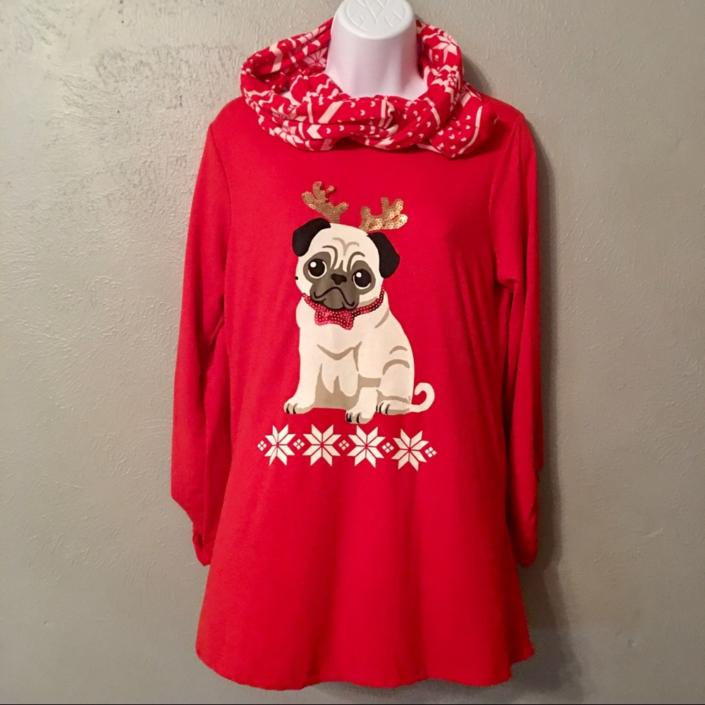 Christmas Pug Tunic Top with Detachable Scarf